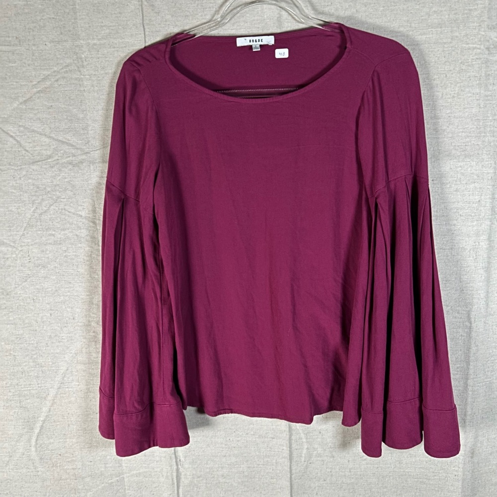 Ro & De Womens Plum Purple Pleated Bell Sleeve Crew Neck Rayon Blouse Small